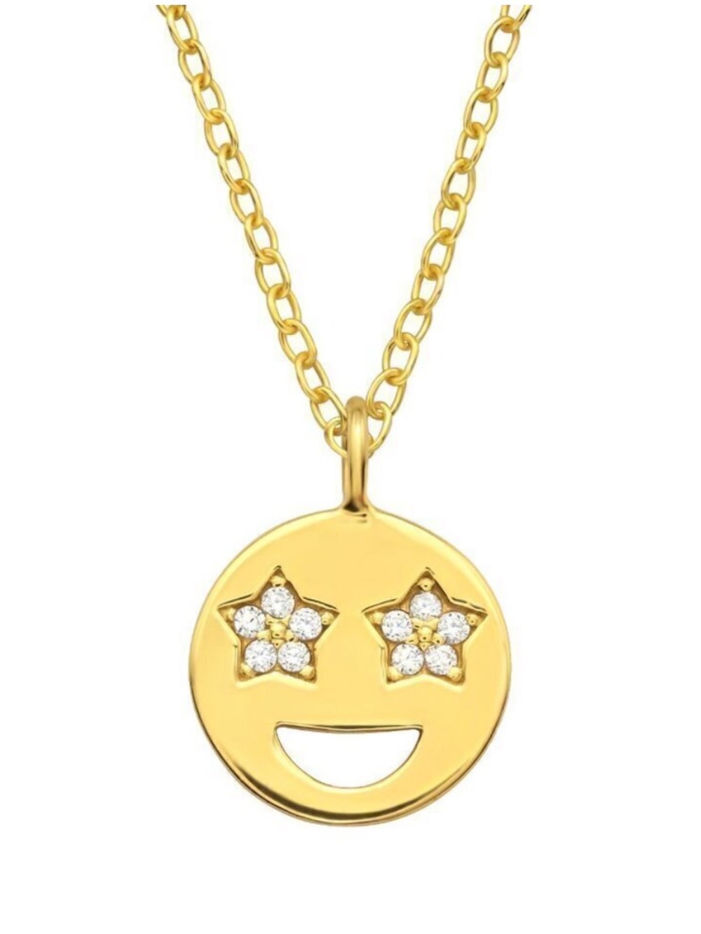 14K Gold Vermeil Star Eyes Smiley Emoji CZ Pendant Necklace
